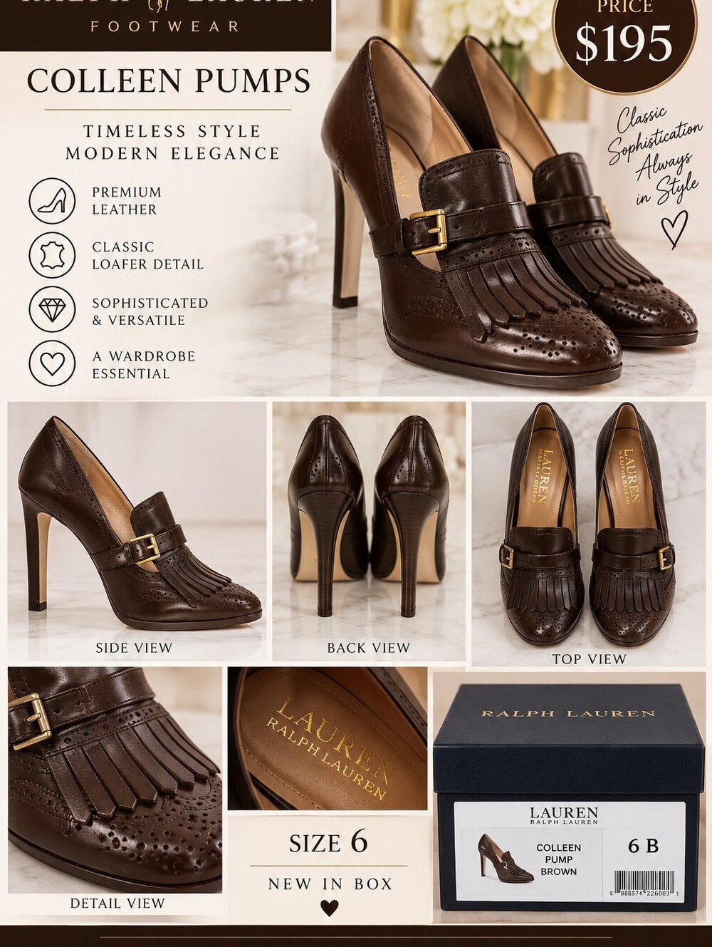 NIB Lauren Ralph Lauren Brown Leather Fringe Loafer Pumps
